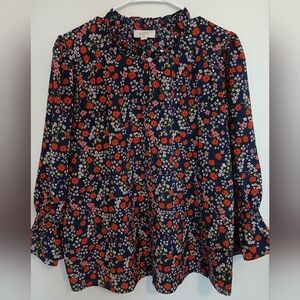 LOFT Navy Blouse with Red and White Floral Pattern